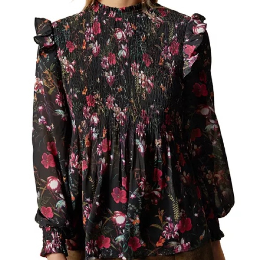 Ted Baker Fern Forest Printed High-Neck Smocked Top – Size 1 (US 4)